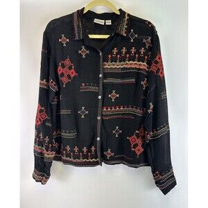 Chicos Embroidered Button Shirt Collared Black Sheer Floral Rayon Womens Medium